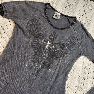 Vocal‎ Womens L Long Sleeve T-Shirt Cross Embellished Rhinestone Y2K Grunge Flaw